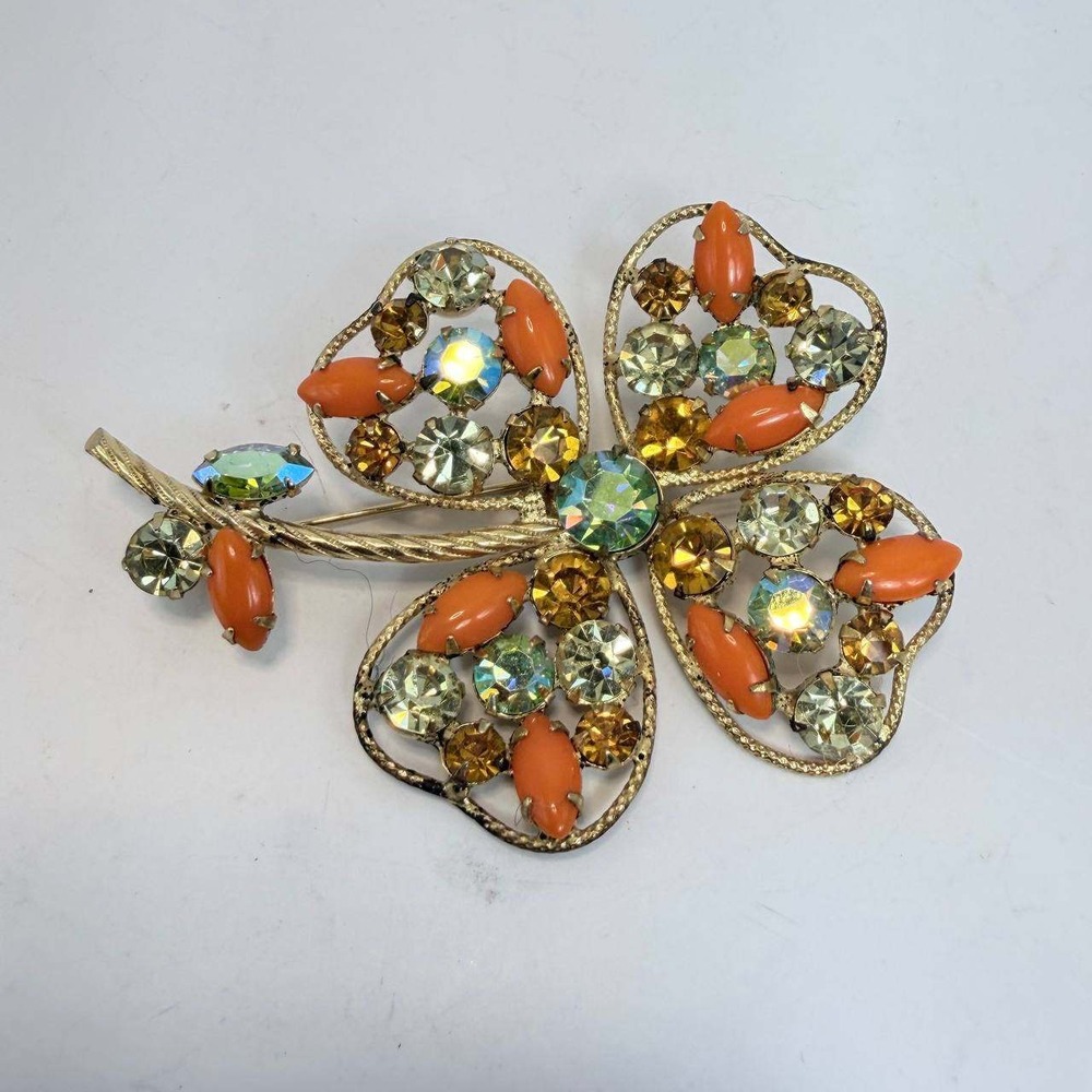 Vintage Regency Signed Four Leaf Clover Brooch Orange AB Rhinestone Gold Tone